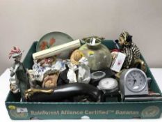A box of assorted alarms clocks, china figures, serving dishes, watches,