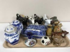 A quantity of blue and white china, cow creamers, Beswick Beneagles miniature decanters,