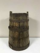 A metal bound wooden barrel