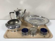 Three piece plated cruet set with liners, plated coffee pot,