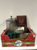 A box of wooden letter rack, signs, metal baskets,