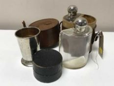 Two travel flasks in cylindrical case and a cased silver plated telescopic stirrup cup