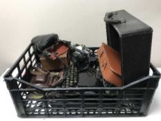 A box of cased Corona typewriter, assorted cameras,