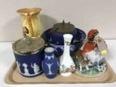 A tray of Burleigh ware jug of a flamingo, two jasper ware biscuit barrels, Staffordshire figure,