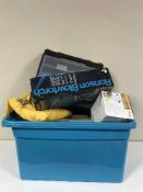 Two boxes of tools and hard ware, tyre inflator,