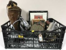 A crate of clothes airer brackets, lamp, deer stalker hat, books, brass ware,