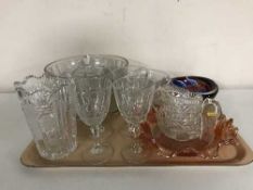 A tray of pressed glass, crystal glasses, carnival glass bowl, studio glass bowl,