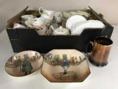 Three boxes of tea china, cutlery, commemorative mugs, china flower posies,