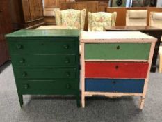 A painted pine three drawer chest and a painted four drawer chest