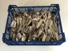 A crate containing a quantity of silver plated flatware (Q)