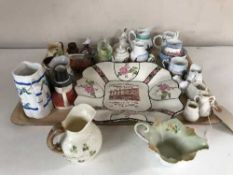 A tray of tourist china, Goss pieces, together with a Co-op plate, copper lustre jug,