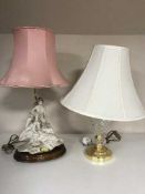 A cut glass table lamp on brass base with shade together with a Italian china table lamp with shade