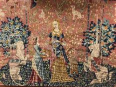 A Venetian style mirror and an un-framed tapestry of Royal figures in a garden