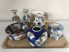 A tray of antique china including Imari jug, Chinese vases with character marks to base,