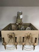A contemporary gilt eight way chandelier together with three pairs of wall lights with shades