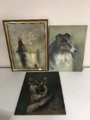 A framed oil on canvas - Sails boats at sea by Betty Rigia and two unframed oils depicting dogs by