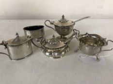 Three silver condiments with glass liners,