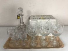 A tray of lead crystal decanter, glasses,