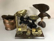 A set of vintage kitchen scales, weights, miniature brass coal bucket,