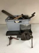 Two boxes of hand tools, brass and copper, kitchen scales,