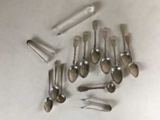 A collection of Georgian and later silver, to include sugar tongs, caddy spoons and teaspoons, 7.