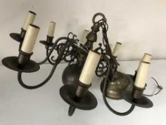 A brass eight branch chandelier together with a box of six pairs of two-way wall lights
