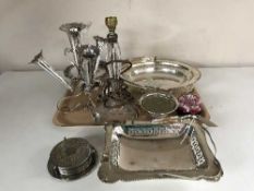 A tray of plated ware, epergne, dishes,
