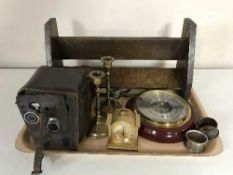 A tray of wooden book trough, two cameras, miniature mantel clock,