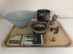 A tray of black & white and colour postcards, plated wine bucket and wine coaster,