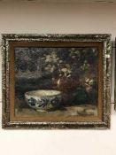 Alfred Joseph Auguste Van Neste (Belgian 1874-1969) : Still life with with pottery on a ledge,