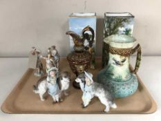 A tray of two square continental hand painted vases,