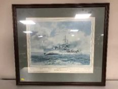 A mahogany framed print of H.M.S.