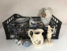 A crate of early twentieth century and later china ornaments and plates, Mason's oak jug,