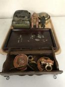 A Chinese copper lidded basket, brass lidded basket, Mother-of-Pearl inlaid tray,