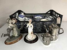 Two boxes of blue and white dinner ware, continental figures,