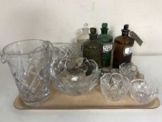 Four vintage chemist's bottles, Royal Copenhagen glass bowl, assorted glass ware etc.