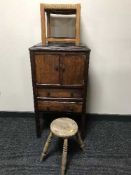 An oak gramophone cabinet and two stools