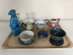 A tray of 20th century Chinese finger bowls, teapot, cloisonne bowl and shallow dish.