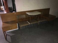 A teak continental headboard with dressing table stool and three mid 20th century metal & vinyl