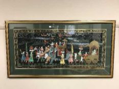 Mughal School : A colourful pageant of figures and a carriage, watercolour, 45 cm x 102 cm, framed.