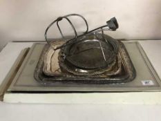 A boxed silver plated gallery tray by Falstaff (boxed), together with three other trays,