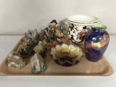 A tray of Maling storm vase, Masons brown velvet planter, Hummel figures, Lilyput houses,