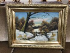 A gilt framed oil on canvas - winter landscape signed Roleand