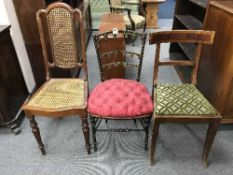 An ebonised bedroom chair and two mahogany chairs
