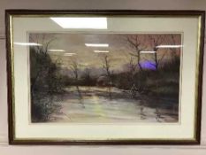 Ray Smith : An angler casting a fly, colour chalks, signed, 33 cm x 56 cm, framed.