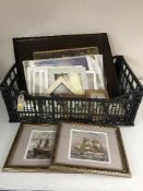 A pair of oak framed still life pictures depicting fruit together with framed and unframed prints -