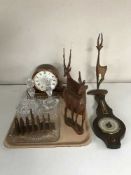 A tray of mantel clock, barometer, wooden animals,