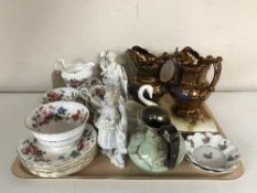 A tray of floral china tea service, continental figures,