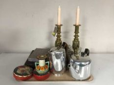 A tray of assorted cutlery, piquet ware teapot & coffee pot, candlestick,