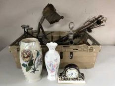 A basket of china mantle clock, Border Fine Arts figures, Aynsley vase, metal tea light holder,